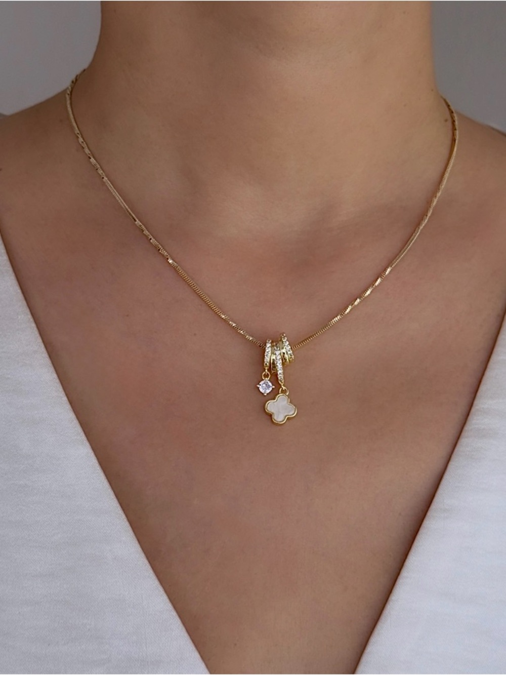 14K Gold Plated MoP Clover Necklace | CZ Pavé Rings & Crystal Charm - Picture 7 of 12